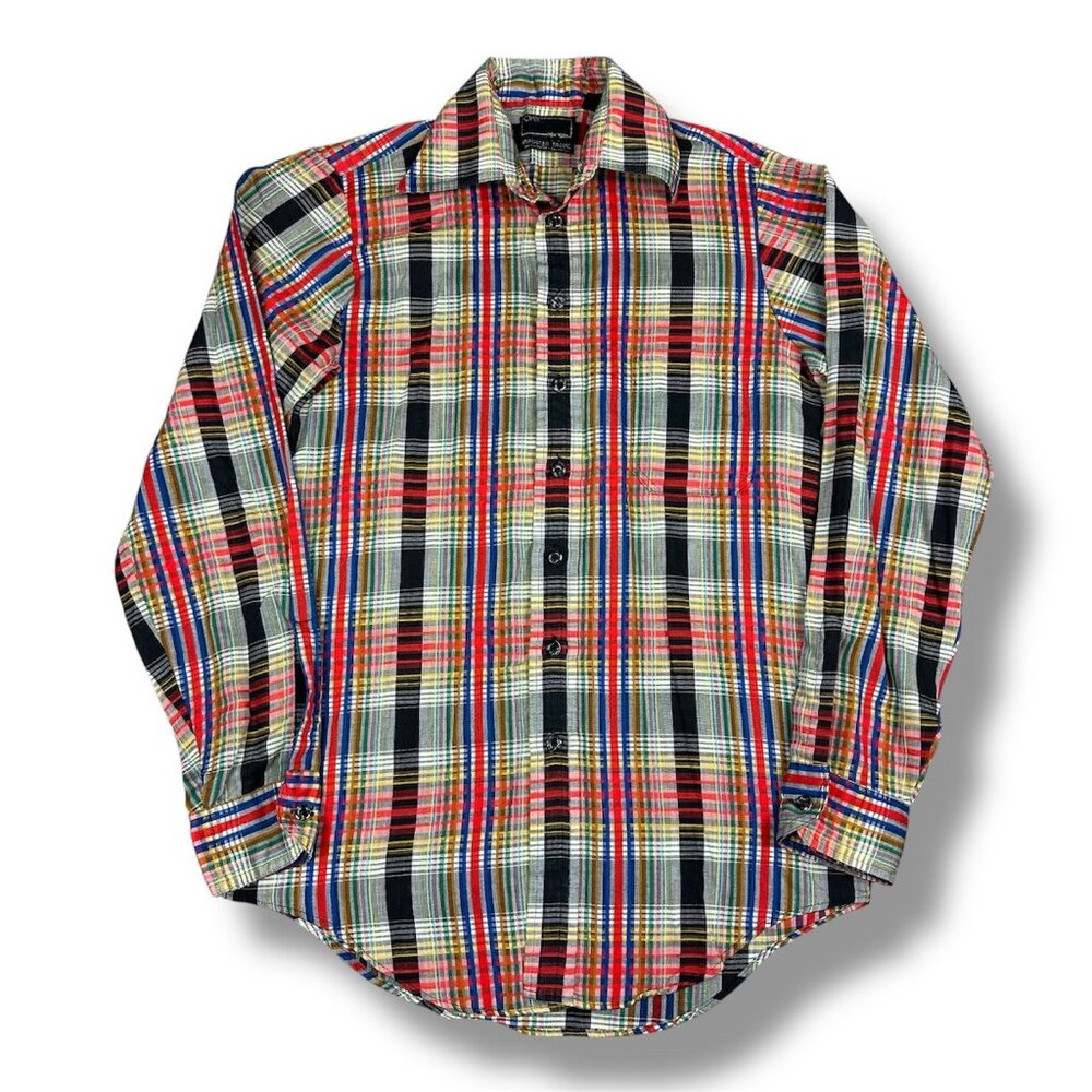 Vtg OMNI New York Disco Shirt Multicolor Plaid Thin Fabric Button Up Mens Small